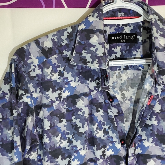 Jared Lang Men's/Unisex Blue Camo Button-Up Long Sleeve Dress Shirt - Size S/2 - Picture 3 of 12